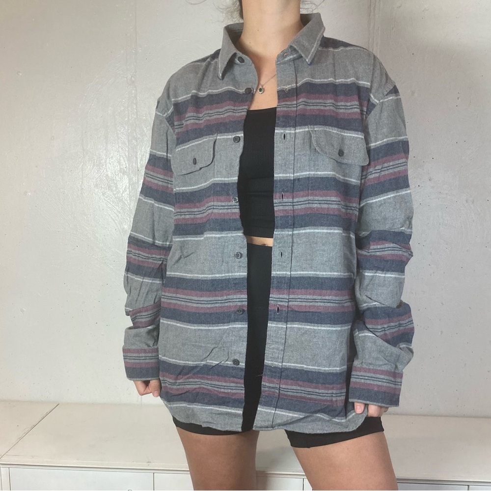 Light Gray + Red+ Navy Striped Button Down Flannel Long Sleeve Shirt